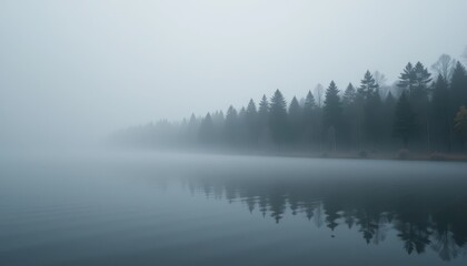 Fototapeta premium Serene Misty Lake with Pine Trees on a Foggy Morning Landscape