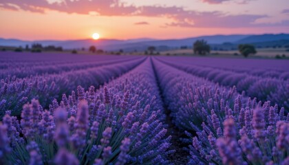 Obraz premium Serene Lavender Fields at Sunset with Vibrant Purple Flowers