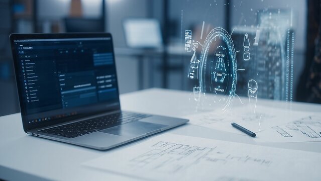 Laptop displaying software interface with architectural blueprints and digital hud elements for modern design.
