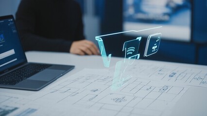 Engineer reviewing architectural plans overlaid with a holographic interface for property development insights.