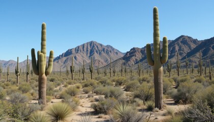 Vast Desert Landscape with Tall Cactus and Mountain Background