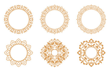Set of decorative frames Elegant vector element for design in Eastern style, place for text. Floral golden and white borders. Lace illustration for invitations and greeting cards