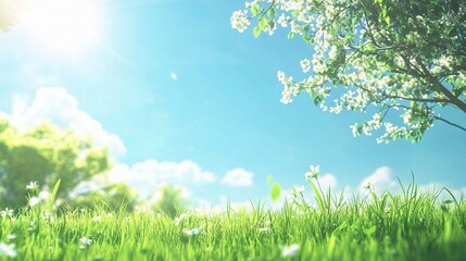 Obraz premium Bright Sunny Spring Landscape with Lush Green Grass and Flowers
