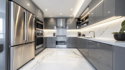 Modern, sleek, gray kitchen with white marble accents.  Stylish, minimalist design