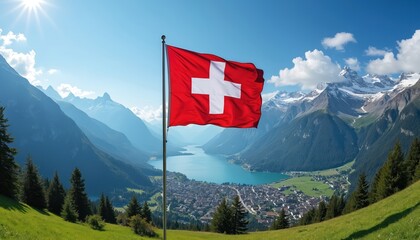 Switzerland flag against blue sky and mountain range. Swiss banner flutters over alpine lake landscape, village. National independence holiday scenic view, travel tourism destination, patriotism.