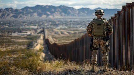 Military personnel patrols the border in a secure area amid a rugged landscape