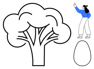 Woman dressed in modern outfit pointing upwards toward a large stylized abstract tree with a monochromatic trunk and rounded canopy. Egg-shaped object adds contrast. Ideal for nature, growth