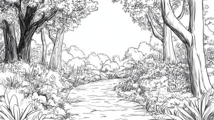 Serene Black and White Sketch of a Forest Stream