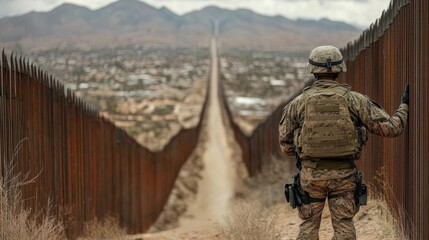 Obraz premium Soldier on patrol near border fence overlooking mountainous landscape and distant town