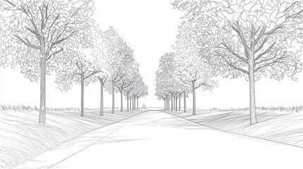 Serene Sketch Tree-Lined Road Leading to the Horizon