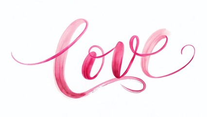Obraz premium Pink Cursive Love Calligraphy on White Background - Modern Hand-Drawn Typography Design for Valentine's Day Prints