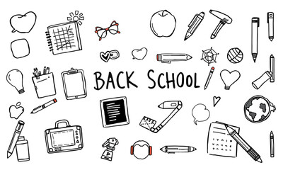 Back to school themed illustration featuring various school supplies and symbols like pencils, notebooks, and globes, evoking sense of excitement and readiness for learning