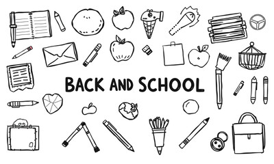 Back to school themed illustration featuring various school supplies, fruits, and stationery items, creating fun and educational atmosphere. Perfect for educational materials and promotions