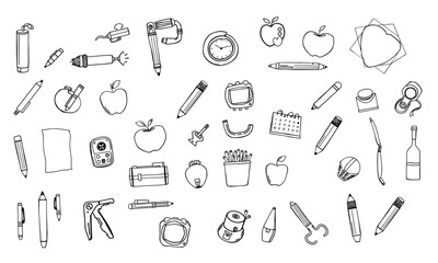 School supplies, stationery, apples, pencils, pens, clock, ruler, notebook, art supplies, classroom items, educational tools, creativity, organization, learning, back to school, study materials