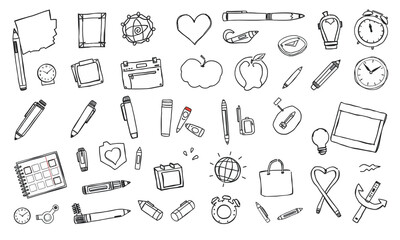 Back to school supplies, including pens, pencils, notebooks, clocks, and various stationery items, create vibrant and organized atmosphere for learning