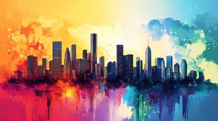Fototapeta premium Vibrant Watercolor Cityscape A Colorful Urban Panorama
