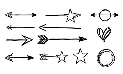 Hand drawn doodle sketches of various arrows, stars, circles, and hearts create playful and artistic vibe. These elements can be used for creative projects, illustrations, or design work