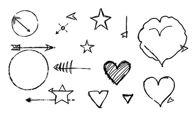 collection of hand drawn doodle sketches featuring arrows, stars, hearts, and circles, showcasing playful and creative design style. Perfect for artistic projects and illustrations
