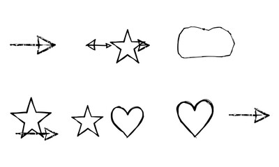 Hand drawn doodle sketches featuring arrows, stars, hearts, and abstract shapes, conveying playful and creative vibe. These elements can be used for various design projects