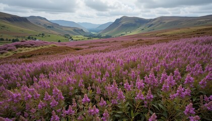Obraz premium Lush Purple Heather Landscape in Serene Mountain Valley Scenery