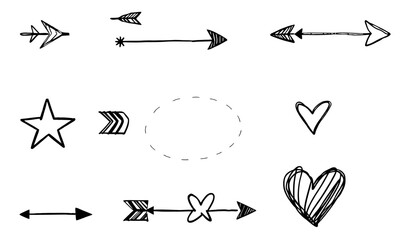 Hand drawn doodle sketches of various arrows, stars, hearts, and decorative elements create playful and artistic vibe. These versatile designs can enhance creative projects and add whimsical touch
