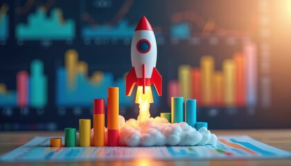 Rocket takes off over colorful graphs charts showing search engine optimization traffic analytics. Launch website ranking growth boost. Business success concept for promoting website, data analysis,