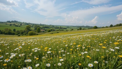 Vibrant Meadow with Colorful Wildflowers Under a Blue Sky
