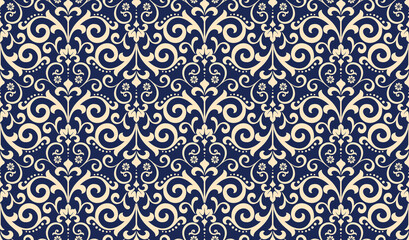Wallpaper in the style of Baroque. Golden and dark blue floral ornament. Seamless vector background. Graphic pattern for fabric, wallpaper, packaging. Ornate Damask flower illustration