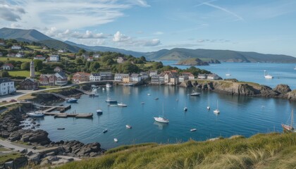 Fototapeta premium Serene Coastal Village with Boats in Tranquil Blue Waters