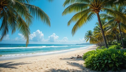 Tranquil Beach Scene with Palm Trees and Blue Sky in Tropical Paradise
