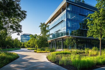 Modern glass office building surrounded by lush greenery and clear blue sky.