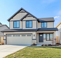 Modern suburban home with elegant architectural design under clear blue sky.