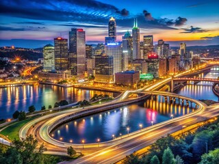 Fototapeta premium Pittsburgh Skyline Night Panoramic I-279 Highway Cityscape