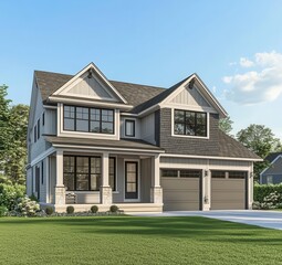Modern two-story suburban home with a landscaped front yard.
