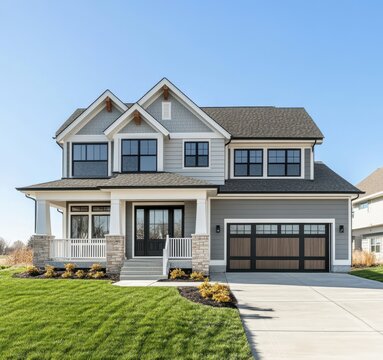 Modern two-story house with a manicured lawn and spacious driveway.