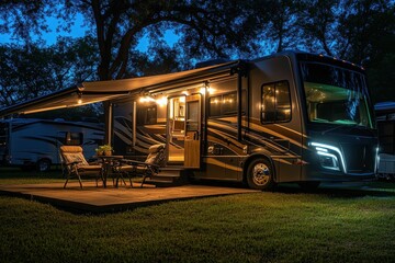 Cozy RV setup with outdoor seating under a starry night sky.