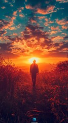 Fototapeta premium Silhouette of a person walking towards a vibrant sunset over a scenic landscape