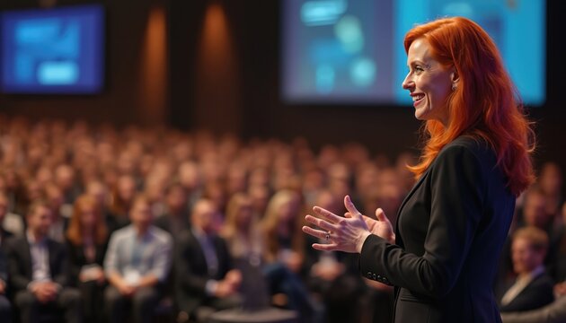 Confident redhead businesswoman delivers keynote speech on stage. Red hair woman addresses diverse audience at conference. Powerful female speaker shares business insights in corporate seminar with