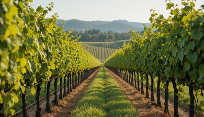 Lush Green Vineyard Rows Stretching Into Scenic Distant Hills