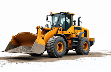 Yellow heavy front loader transports gravel in bucket. Construction machinery element for design. Transportation, movement of bulk materials. Isolated bulldozer machinery, earthworks, digging,