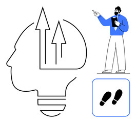 Businessman pointing with clipboard, silhouette head as lightbulb with arrows inside, and footprints. Ideal for leadership, innovation, growth, strategy, mentorship planning development. Flat