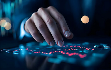 Close-up of a hand interacting with a digital financial graph, showcasing investment and technology in modern business.