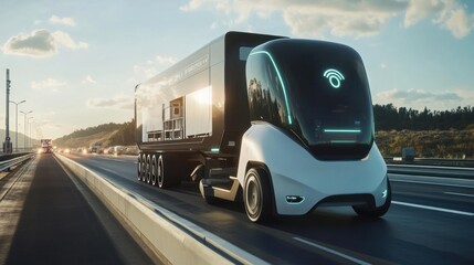 Futuristic self-driving electric truck transporting goods on the highway at sunrise