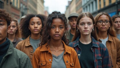 Fototapeta premium Diverse group of serious young people stands on city street looking at camera. Multicultural youth shows oneness, equality, empowerment, inspires hope, strength, peace. Urban community expressing