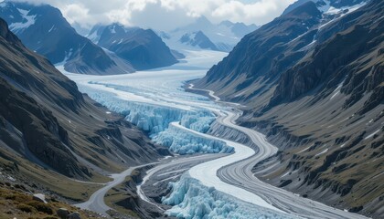 Majestic Glacier Flowing Through Mountain Valley Under Cloudy Sky