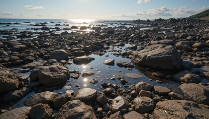 Obraz premium Serene Coastal Landscape with Rocky Shoreline and Calm Waters