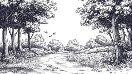 Serene Woodland Path A Hand-Drawn Illustration of a Tranquil Forest Scene