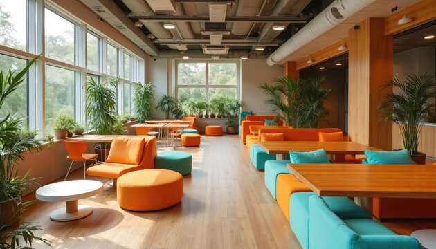 Bright modern student lounge with tables for dining, relaxation areas. Comfortable seating with contemporary furniture design for socialising, studying. Green plants, wooden decor, windows, soft