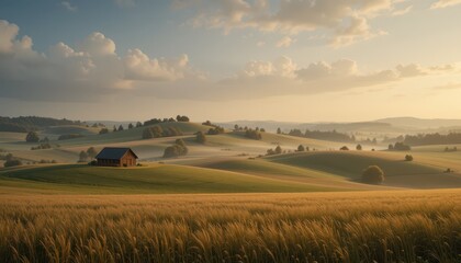 Obraz premium Tranquil Landscape with Rolling Hills and Rustic Farmhouse at Dusk