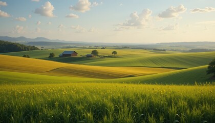 Obraz premium Serene Rural Landscape with Rolling Fields and Barn in Distance